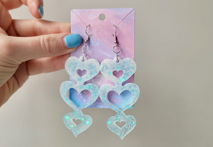 Triple Heart Cut-Out Earrings - Blue-White Glitter - Stainless Steel Hooks
