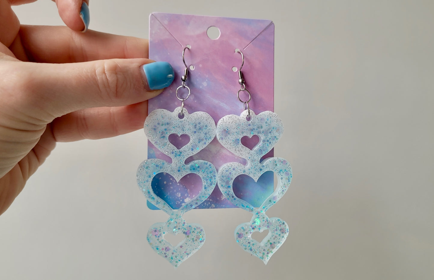 Triple Heart Cut-Out Earrings - Blue-White Glitter - Stainless Steel Hooks