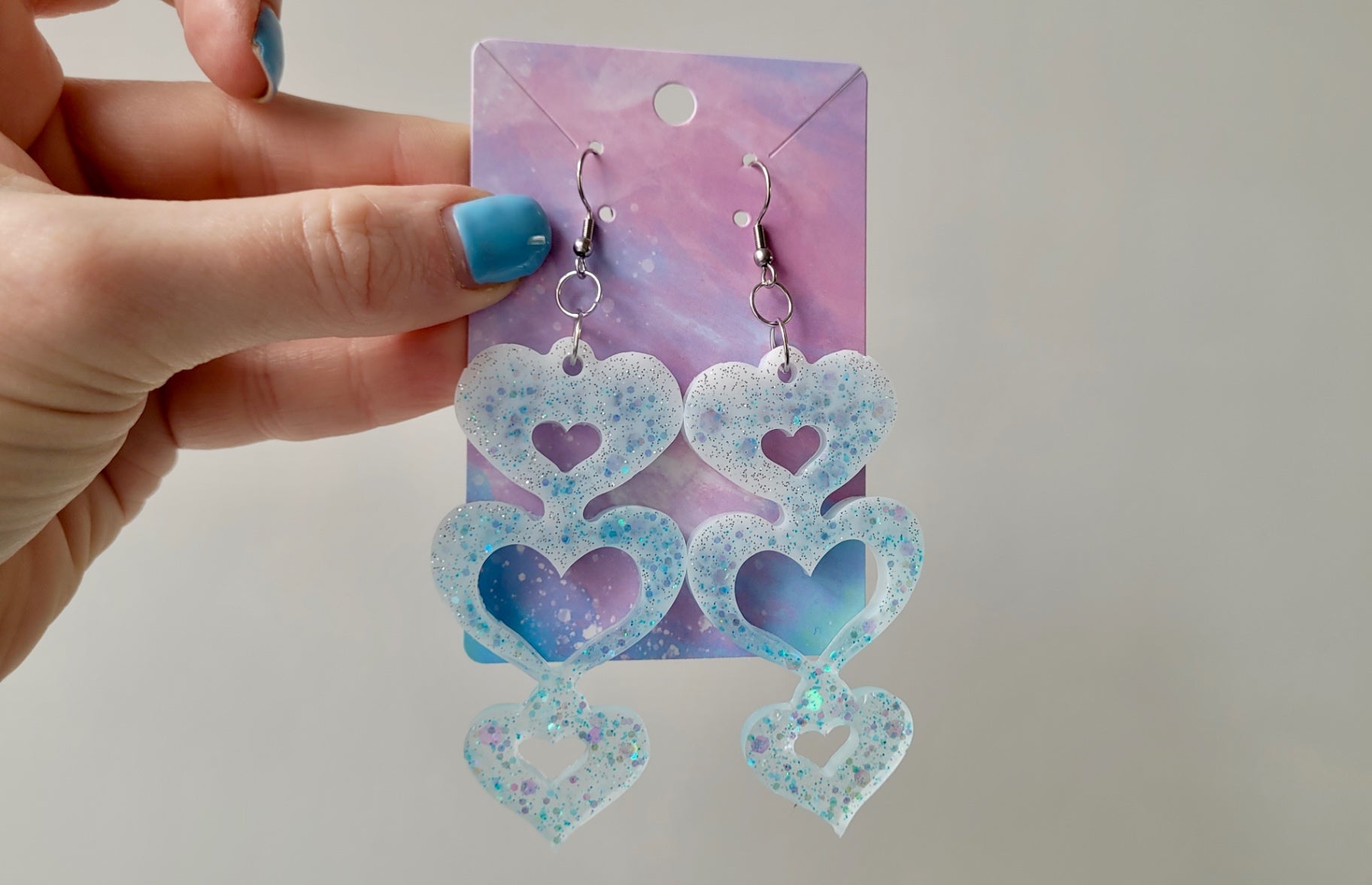 Triple Heart Cut-Out Earrings - Blue-White Glitter - Stainless Steel Hooks