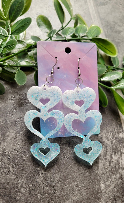 Triple Heart Cut-Out Earrings - Blue-White Glitter - Stainless Steel Hooks