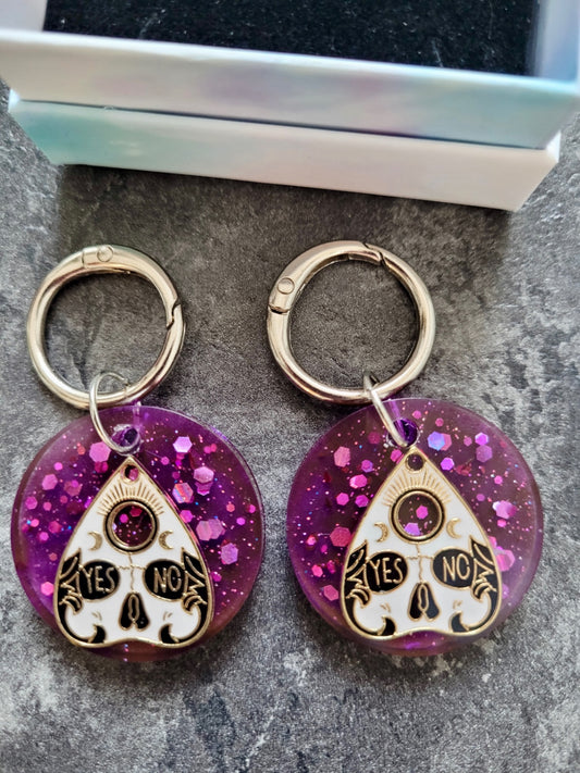 Witchy Ouija Boot Charms – Purple Glitter Resin with YES/NO Planchettes
