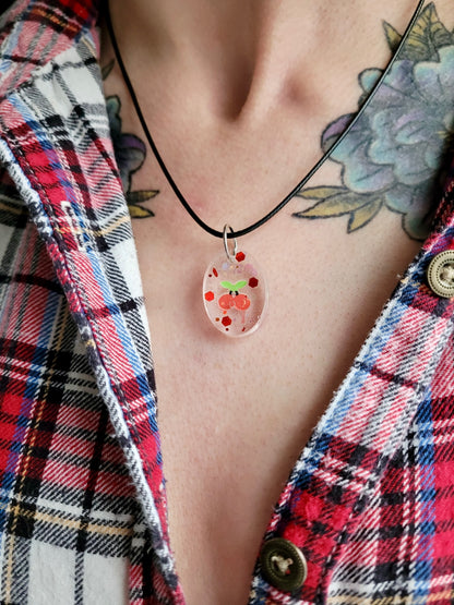 Cherry Glitter Oval Pendant Necklace - Black Cord 50 + 5cm 