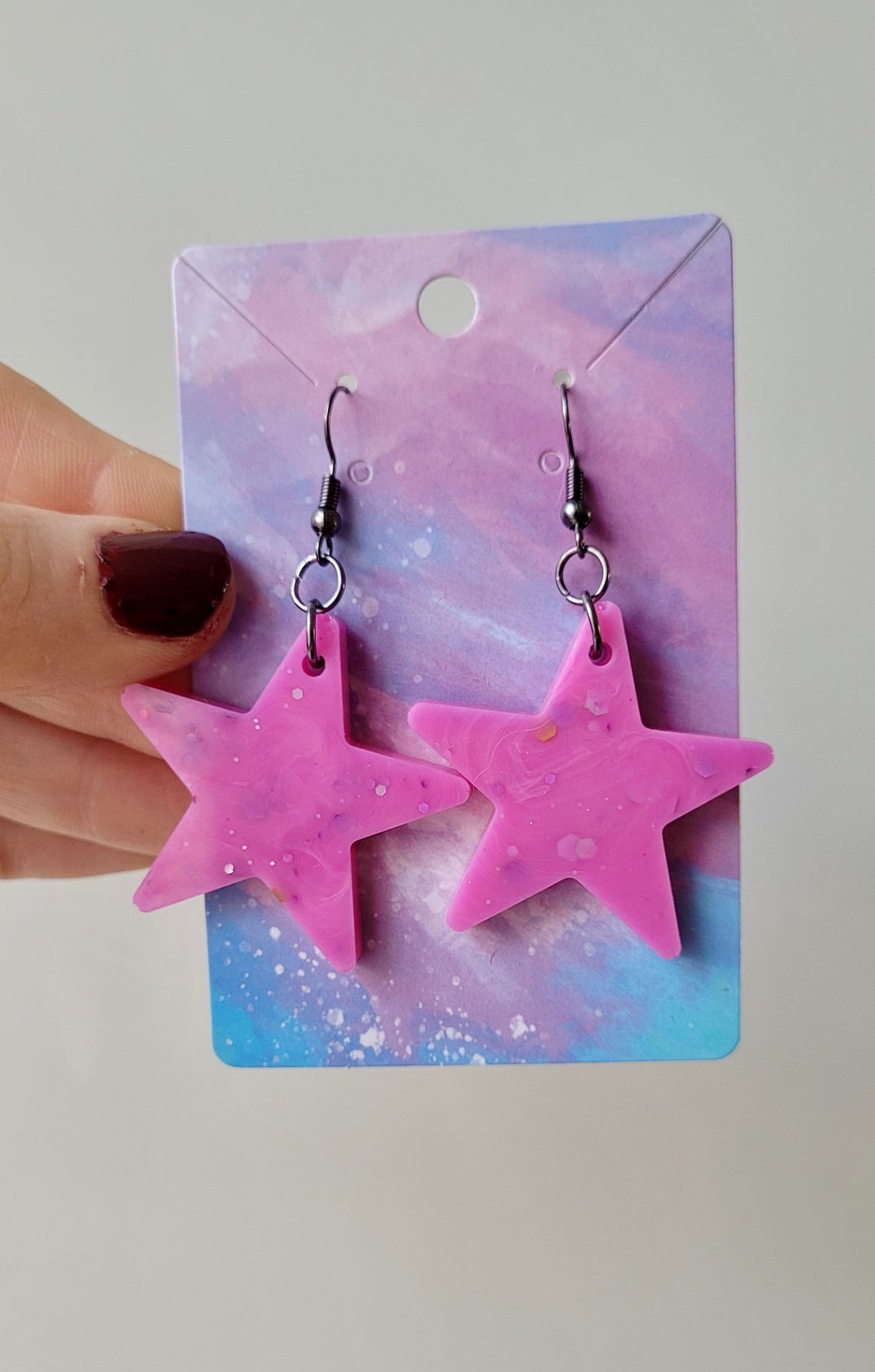 Light Pink Glitter Star Earrings - Stainless Steel Gunmetal Black Hooks
