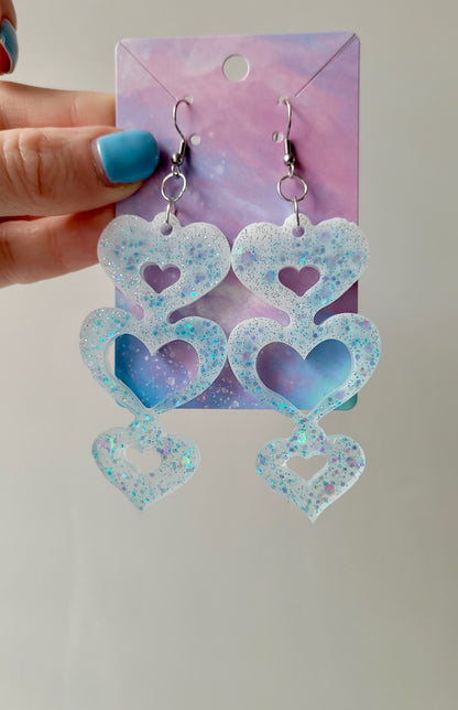 Triple Heart Cut-Out Earrings - Blue-White Glitter - Stainless Steel Hooks