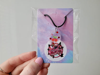 Cherry Glitter Oval Pendant Necklace - Black Cord 50 + 5cm 