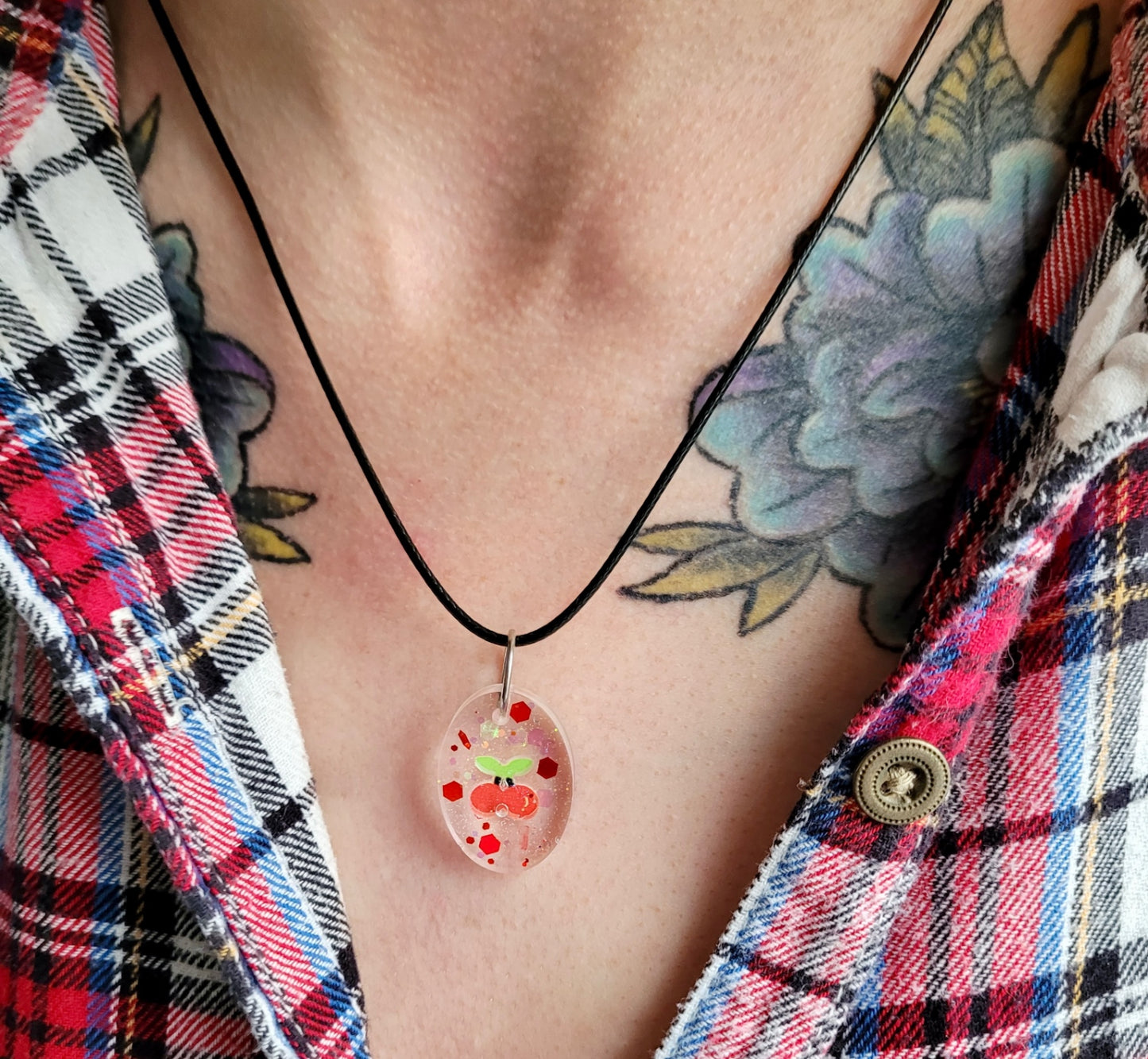 Cherry Glitter Oval Pendant Necklace - Black Cord 50 + 5cm 