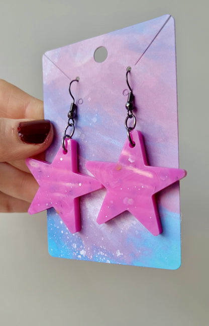 Light Pink Glitter Star Earrings - Stainless Steel Gunmetal Black Hooks