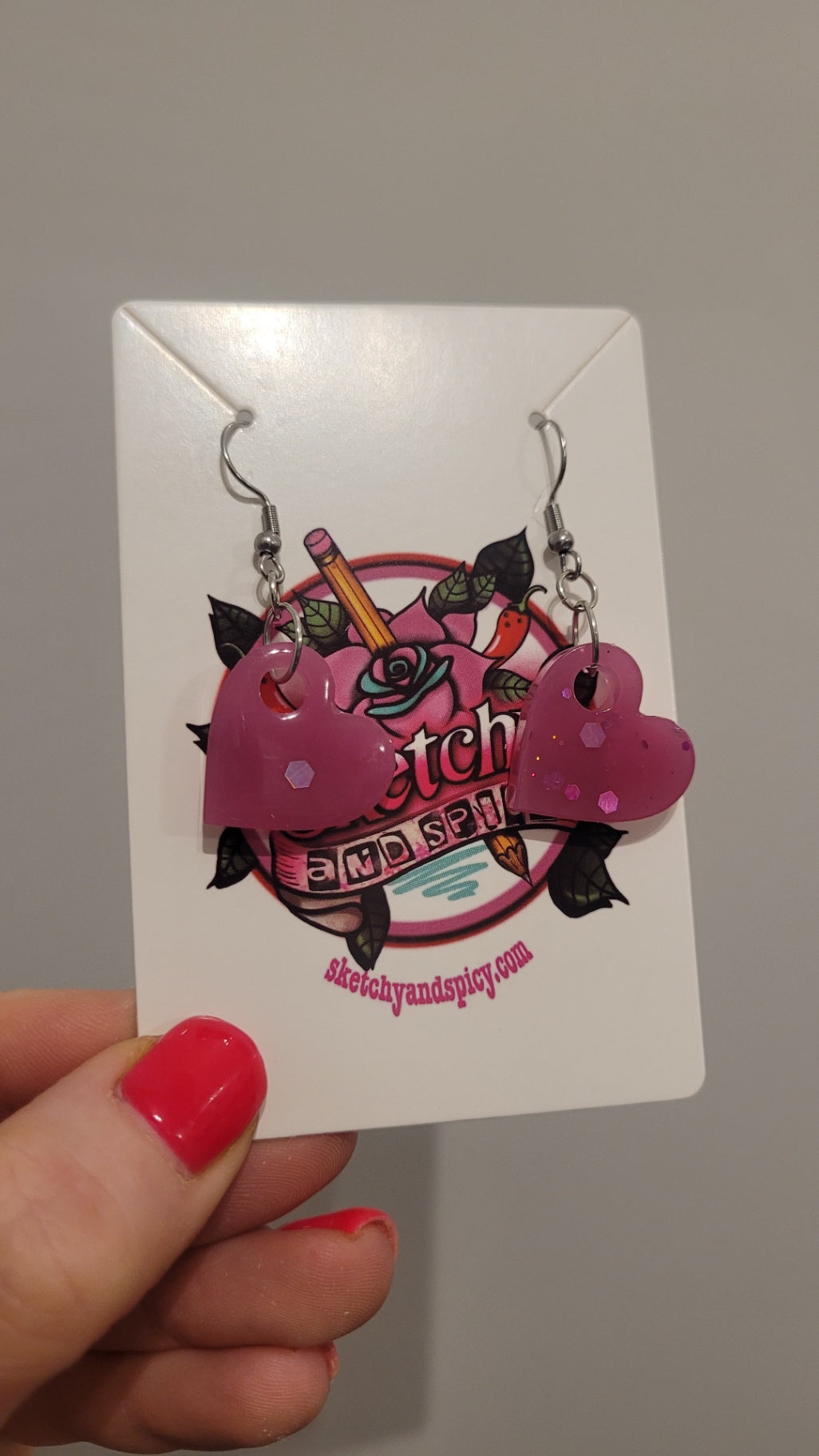 Pink Glitter Heart Earrings - Stainless Steel Hooks