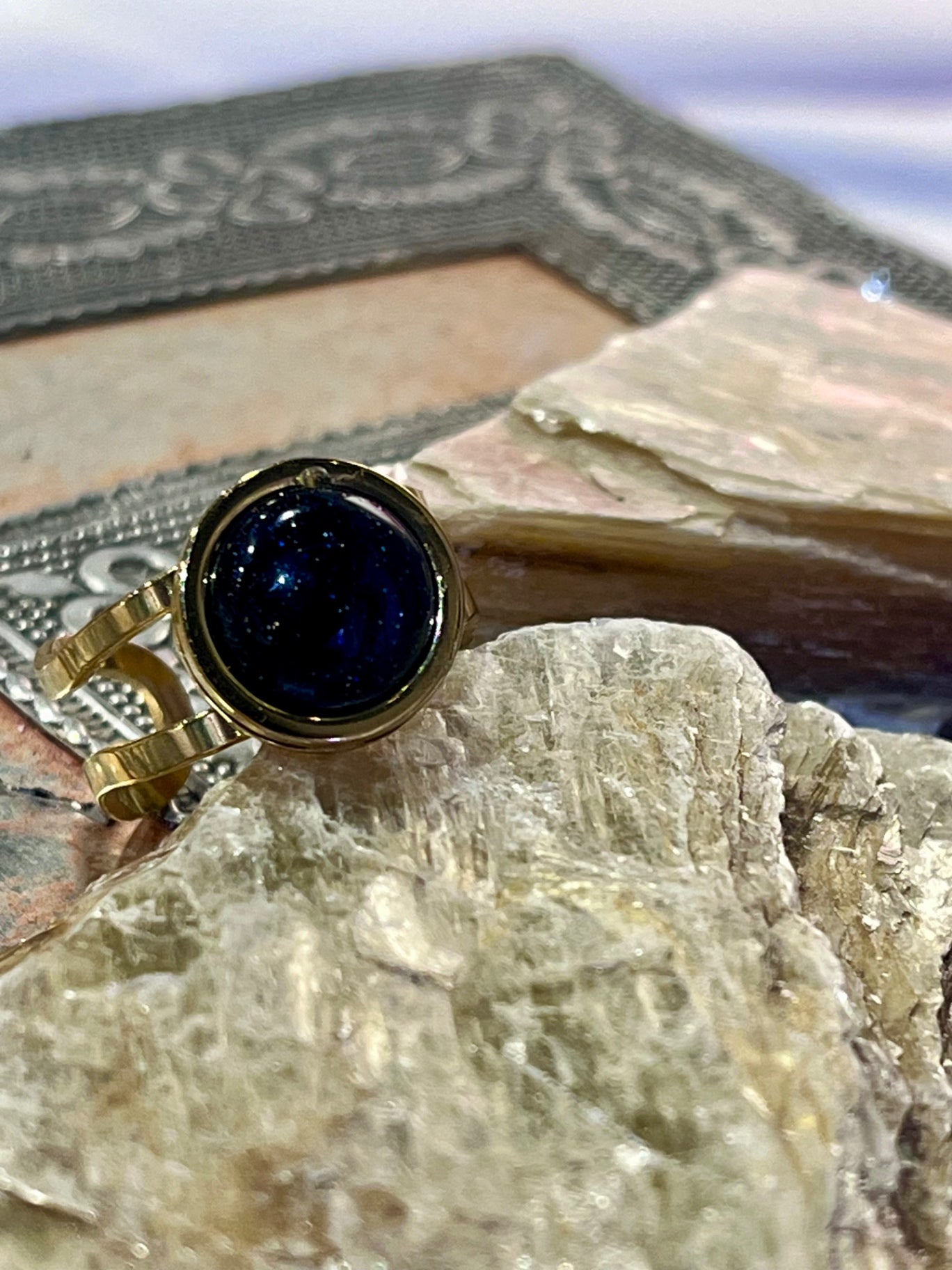 Blue Sandstone Ring – Gold Stainless Steel