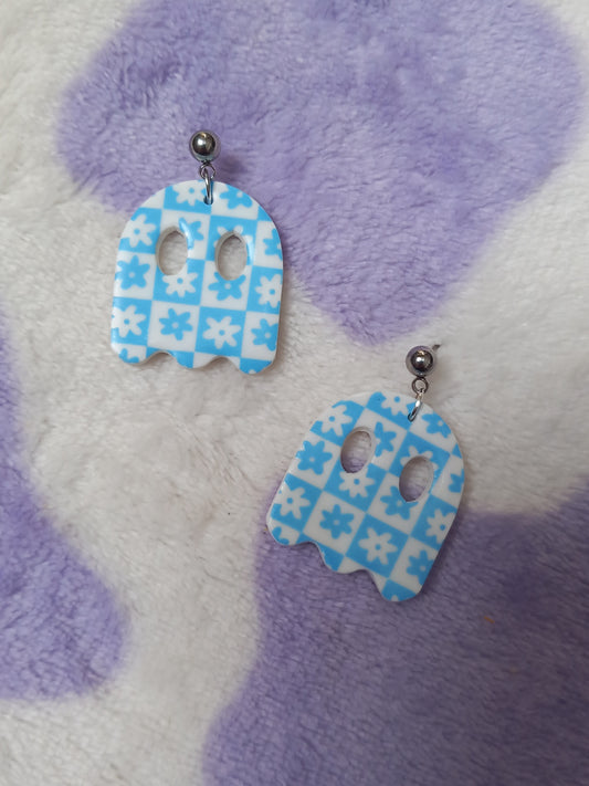 Retro floral ghost polymer clay earrings 