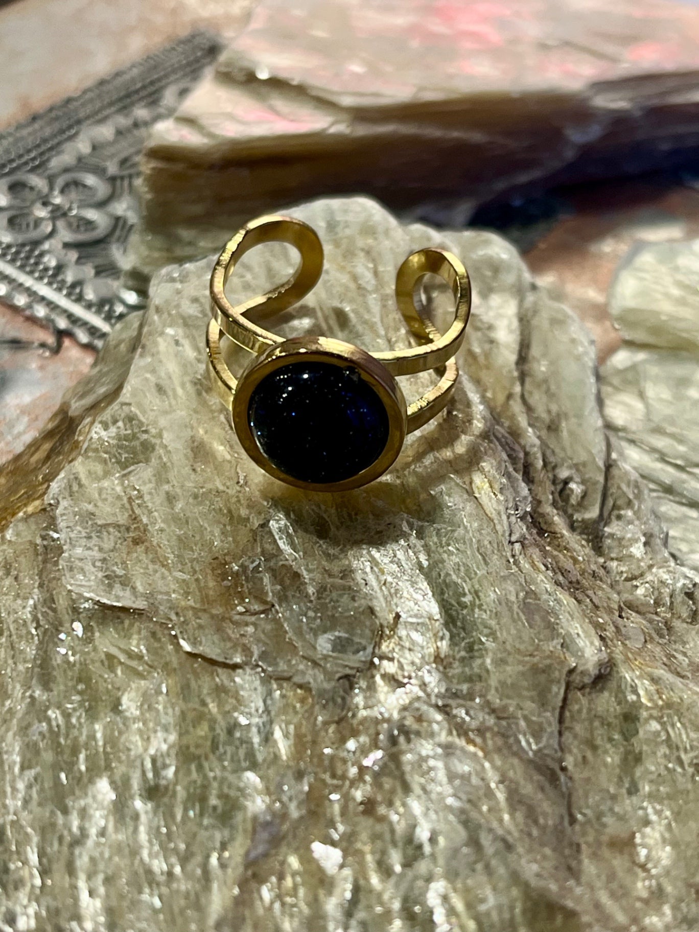 Blue Sandstone Ring – Gold Stainless Steel