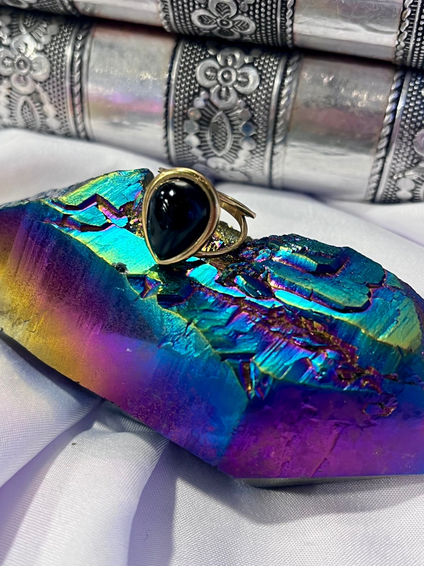 Black Obsidian Ring – Gold Stainless Steel Size 7