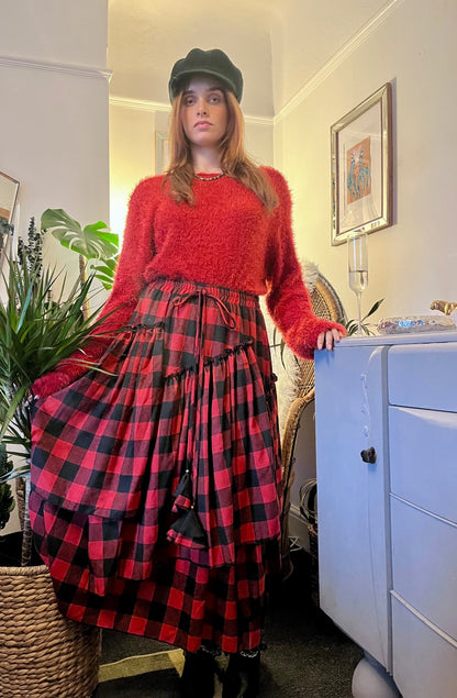 Scarlet Spell Tiered Maxi Skirt 🖤 Red & Black Check ONE SIZE