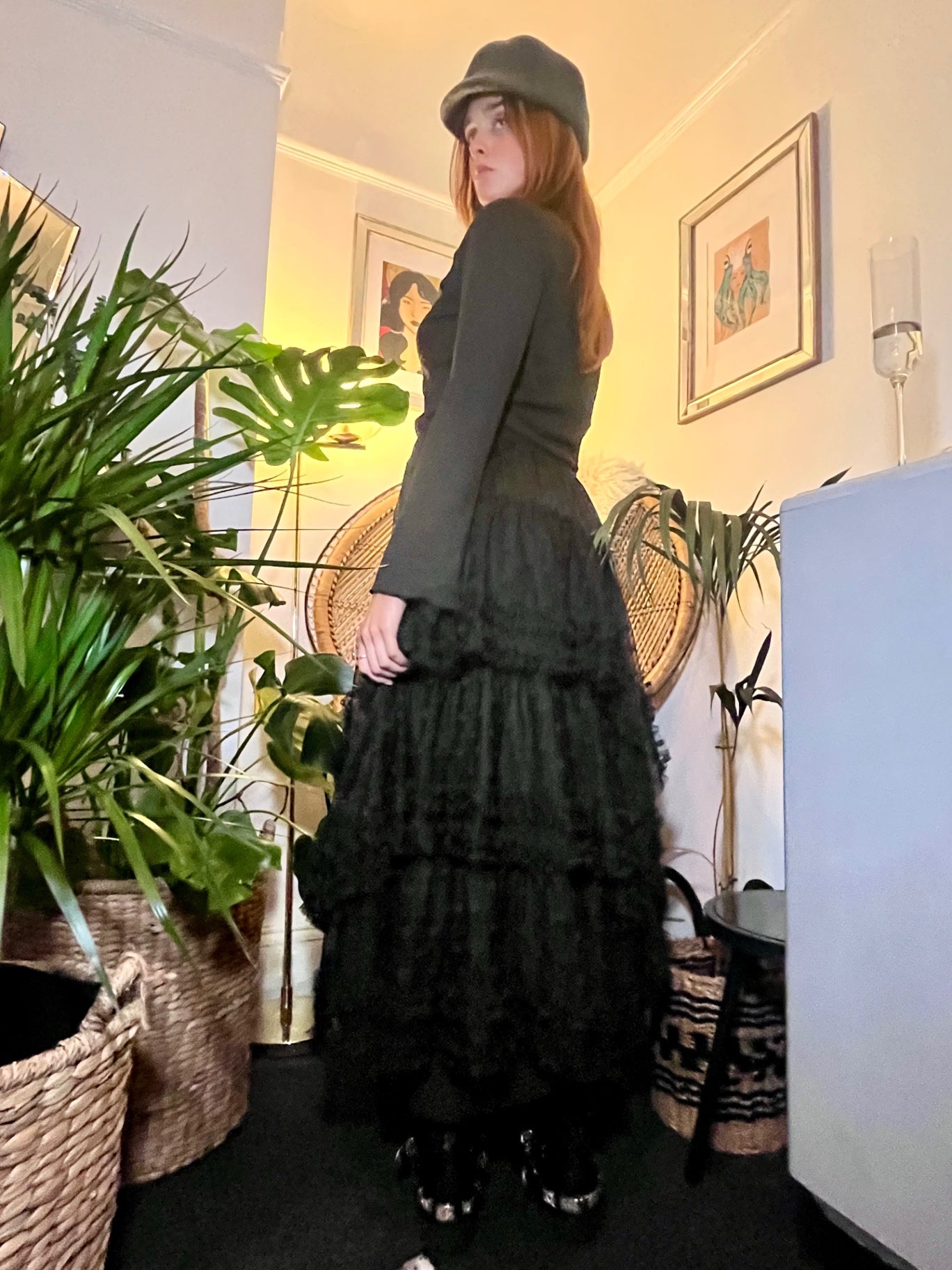 Luna Noir Tiered Tulle Maxi Skirt 🌙 Black Spot Mesh Size L