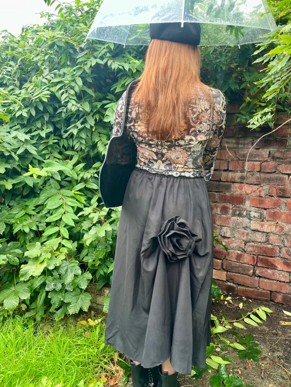 Midnight Bloom Skirt – One Size Black Asymmetric Rose Detail