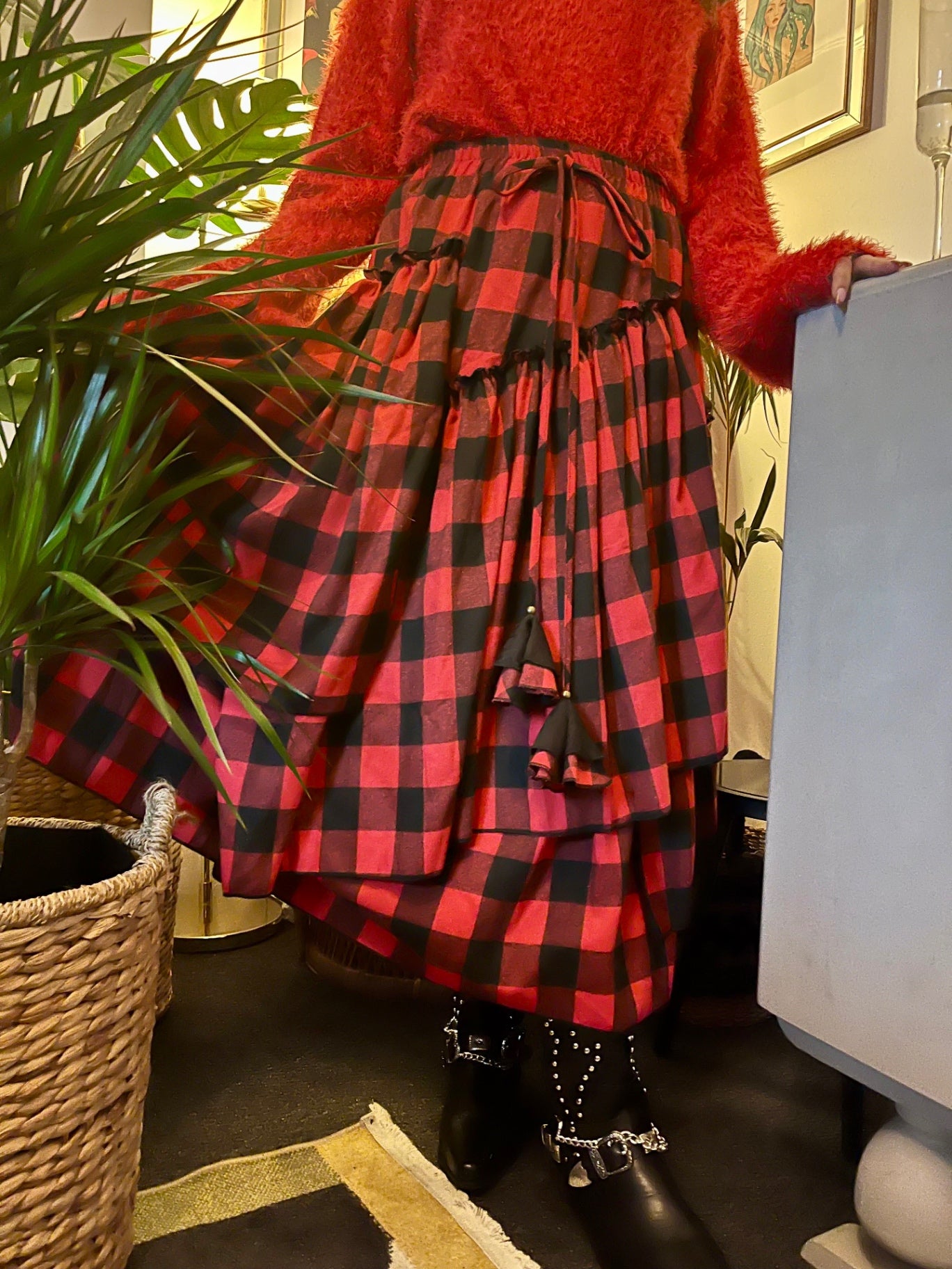 Scarlet Spell Tiered Maxi Skirt 🖤 Red & Black Check Size 10