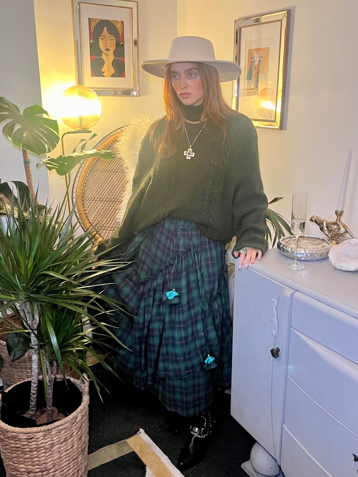 Forest Flame Tartan Maxi Skirt 🌙 Size 14 Green & Red Check