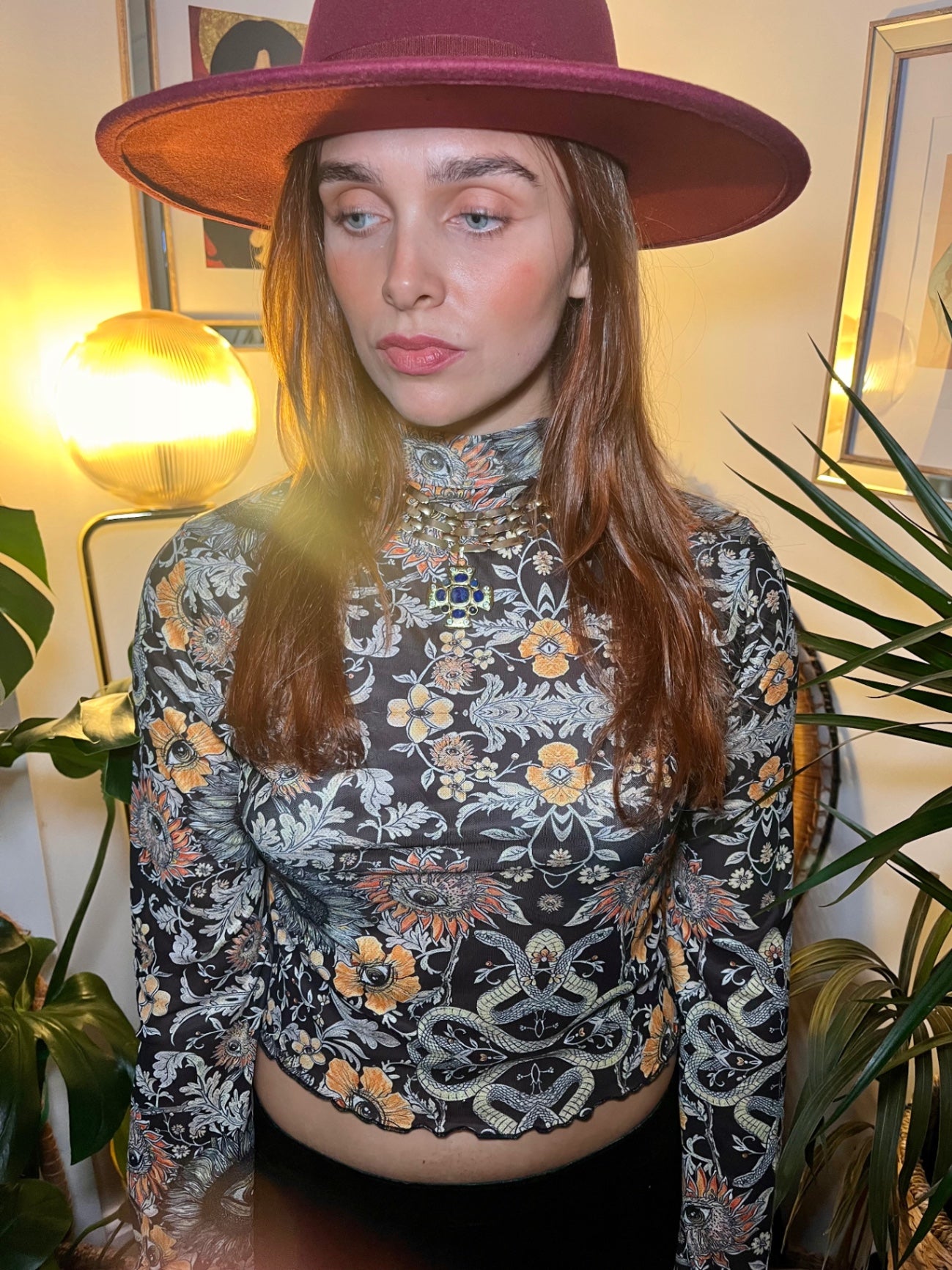Mystic Serpent Mesh Top – Vintage Floral Print High Neck One Size