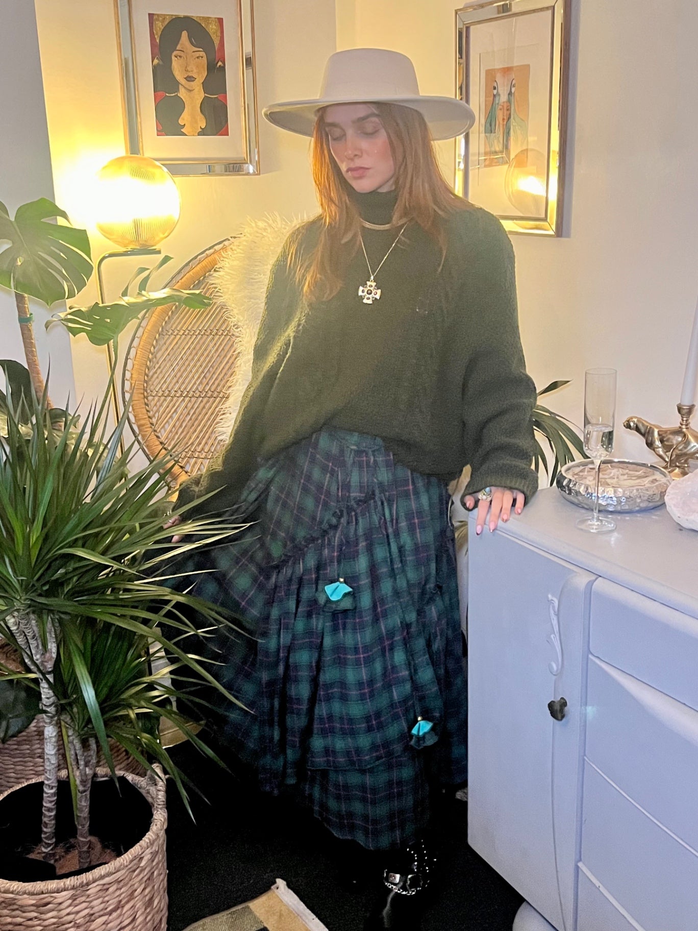Forest Flame Tartan Maxi Skirt 🌙 Size 14 Green & Red Check