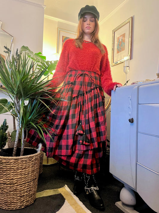 Scarlet Spell Tiered Maxi Skirt 🖤 Red & Black Check ONE SIZE