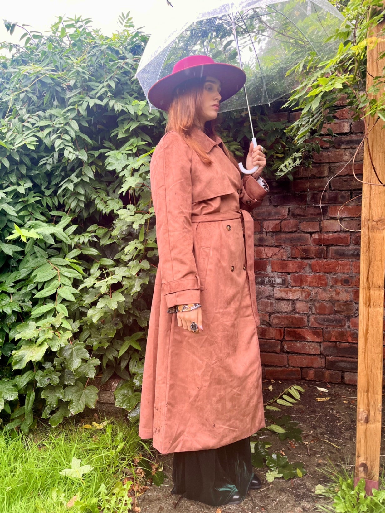 Dusky Rose Suedette Trench Coat 🌙 Size 16  Boho Luxe Longline
