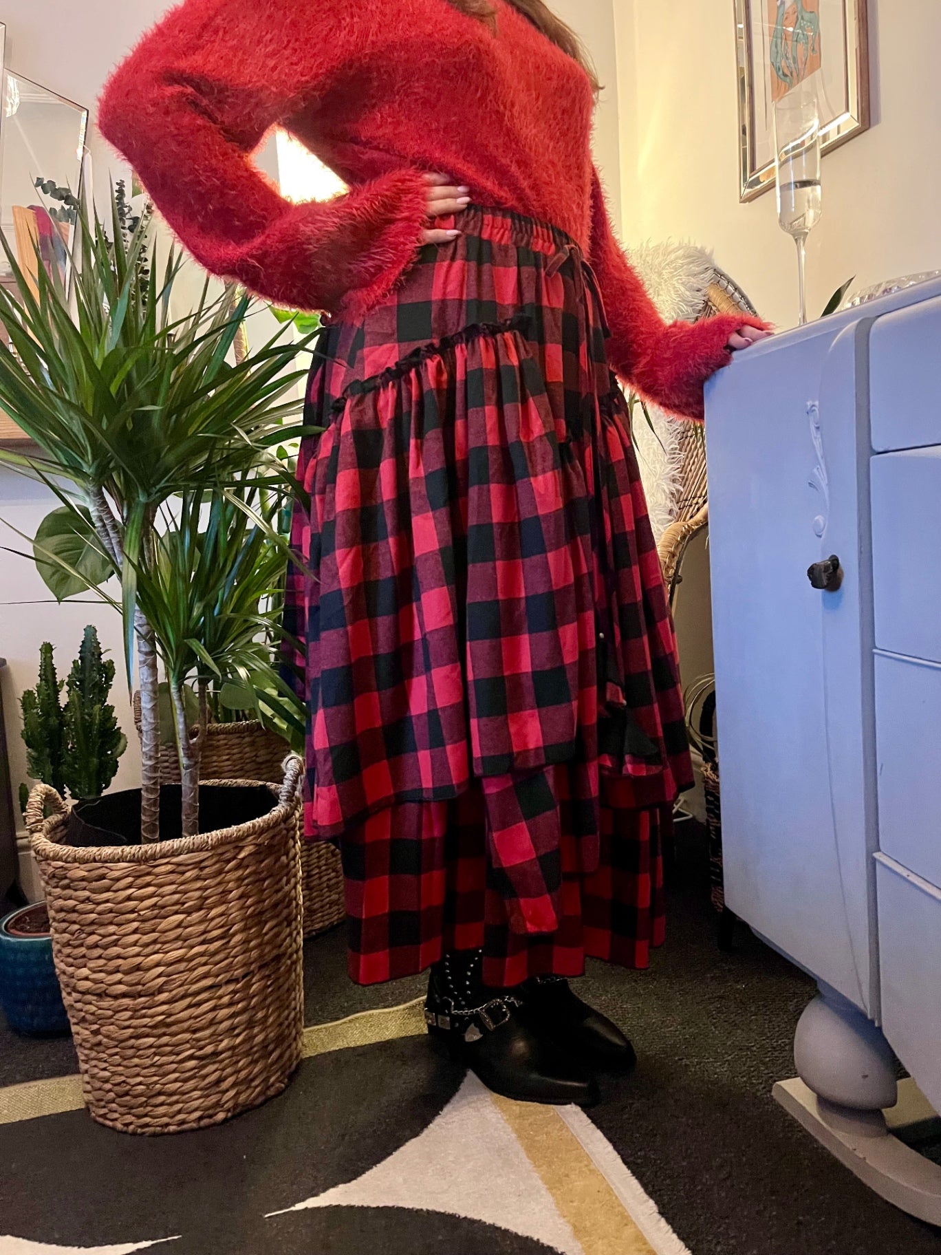 Scarlet Spell Tiered Maxi Skirt 🖤 Red & Black Check Size 16