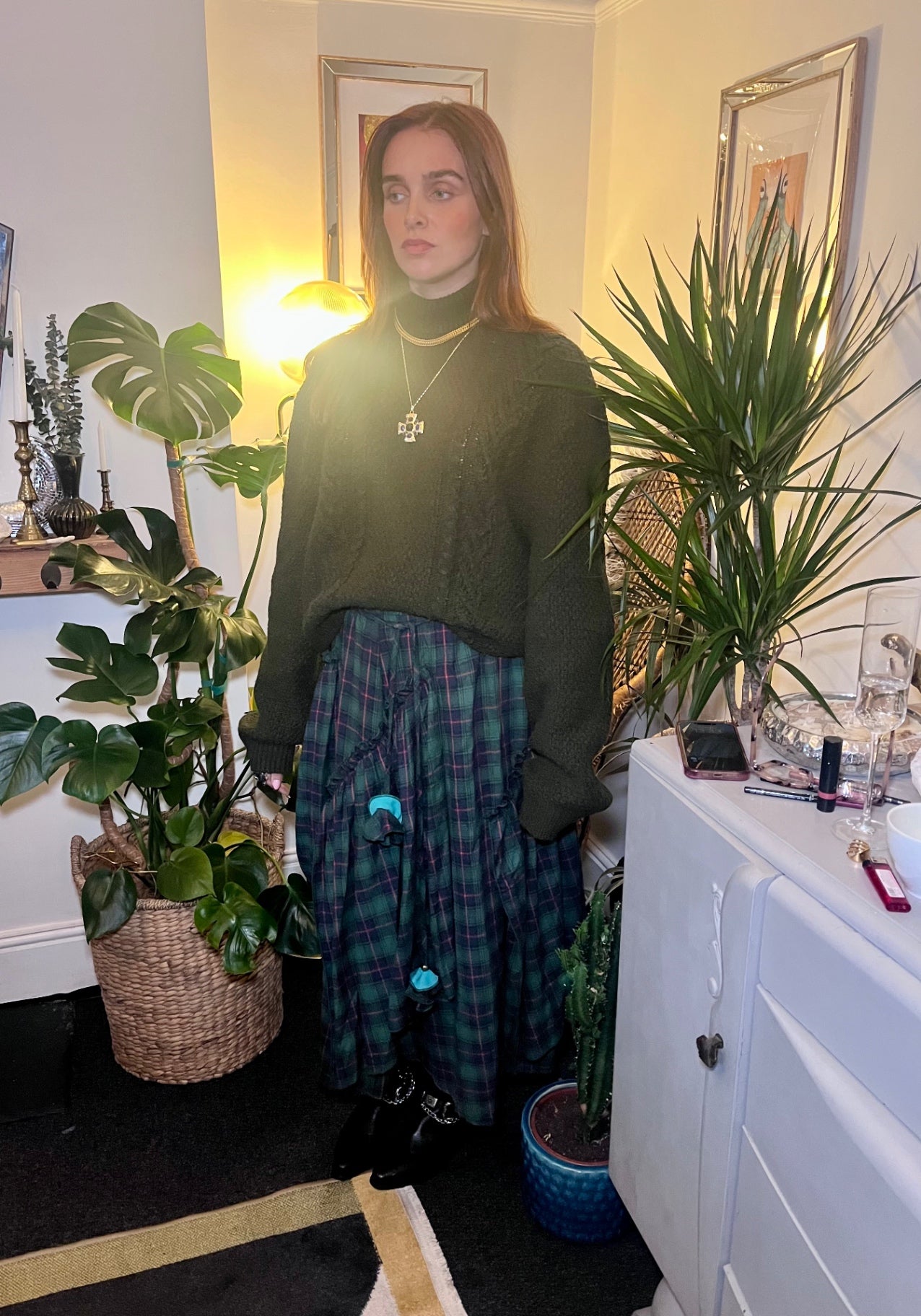 Forest Flame Tartan Maxi Skirt 🌙 Size 16 Green & Red Check