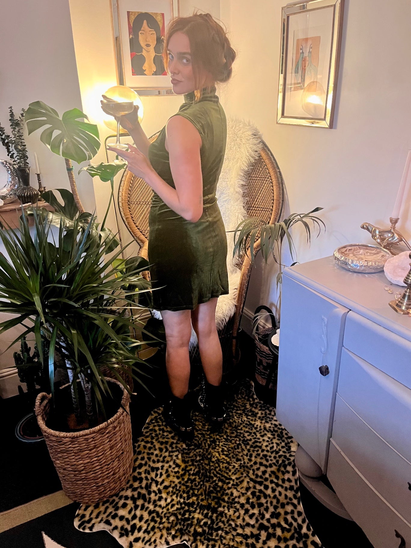Olive Velvet Moonlight Mini Dress Size L