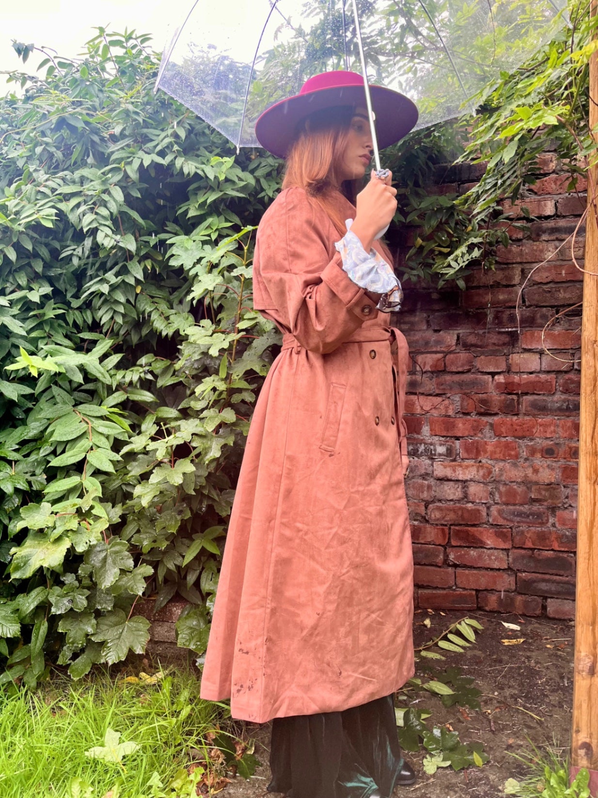 Dusky Rose Suedette Trench Coat 🌙 Size 16  Boho Luxe Longline