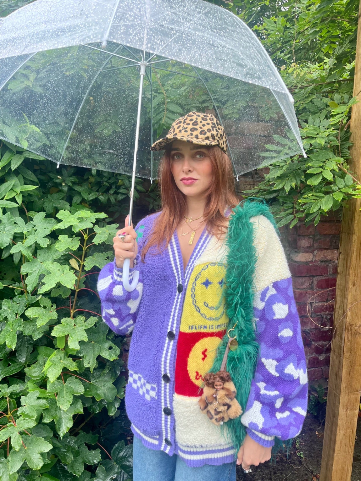 Purple Patchwork Happy Face Knit Cardigan – Oversized Retro Smile Design