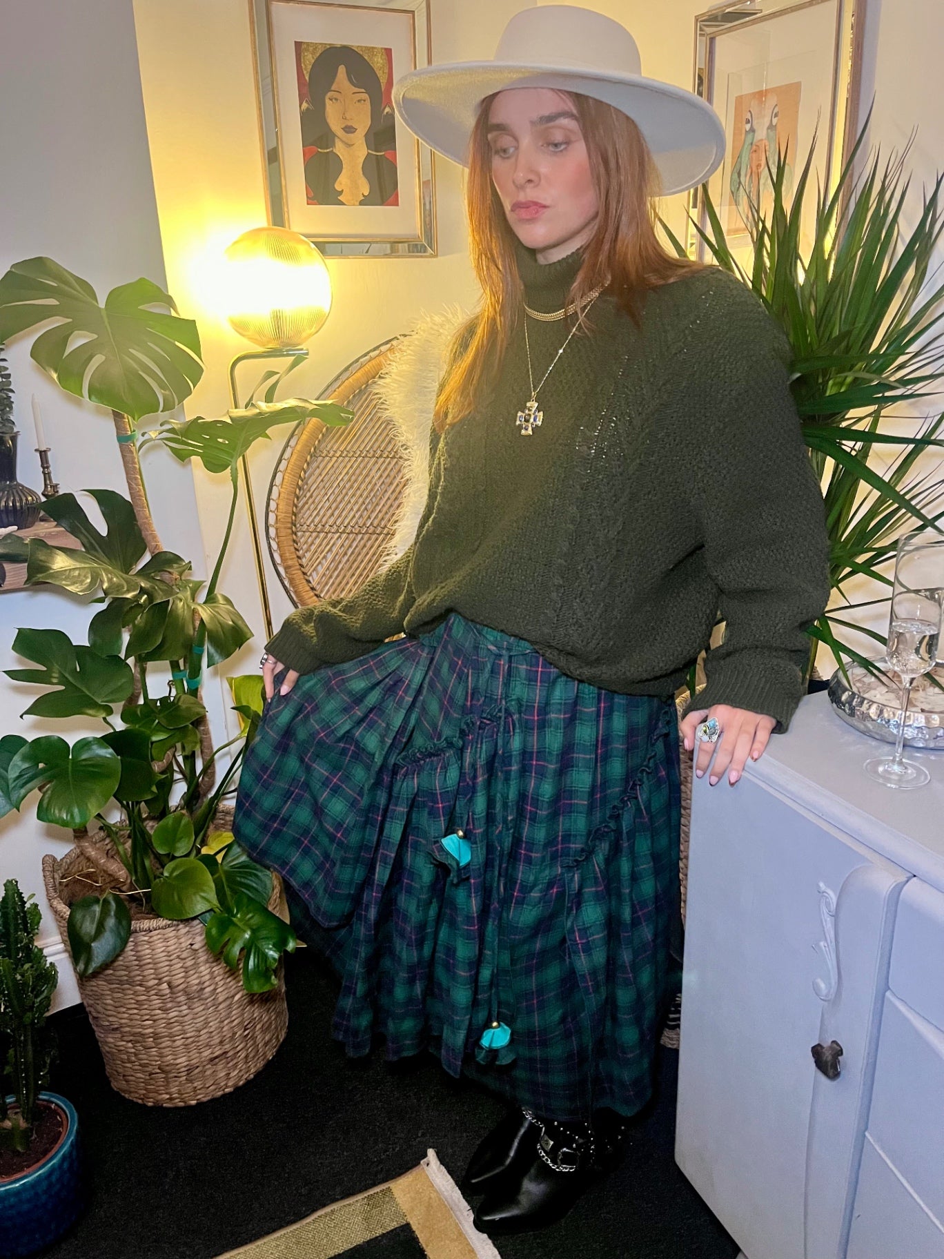 Forest Flame Tartan Maxi Skirt 🌙 Green & Red Check Size 18