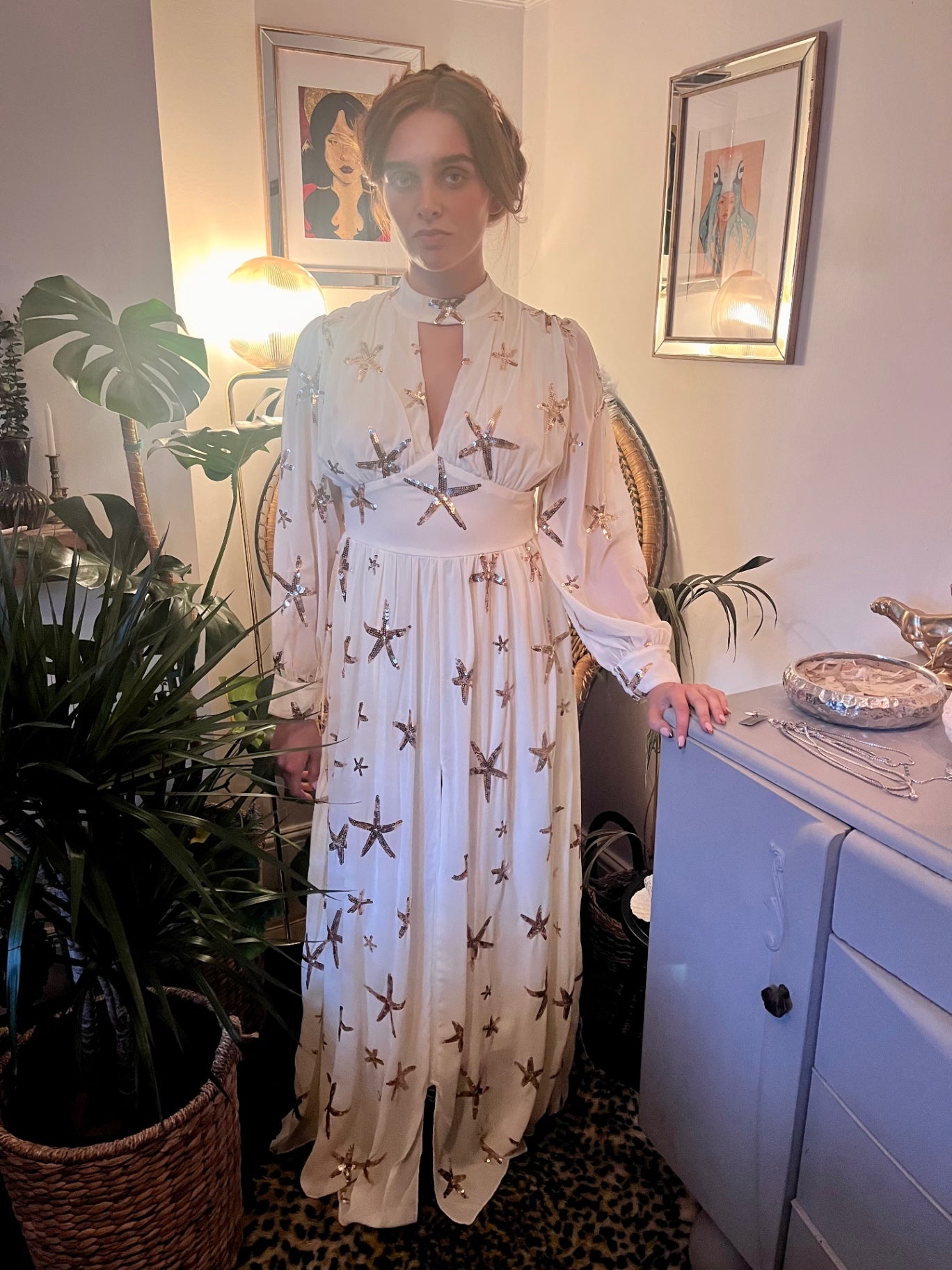 Celestial Sea Star Gown ✨  Size 8 Ivory  & Gold Sequin Maxi Dress