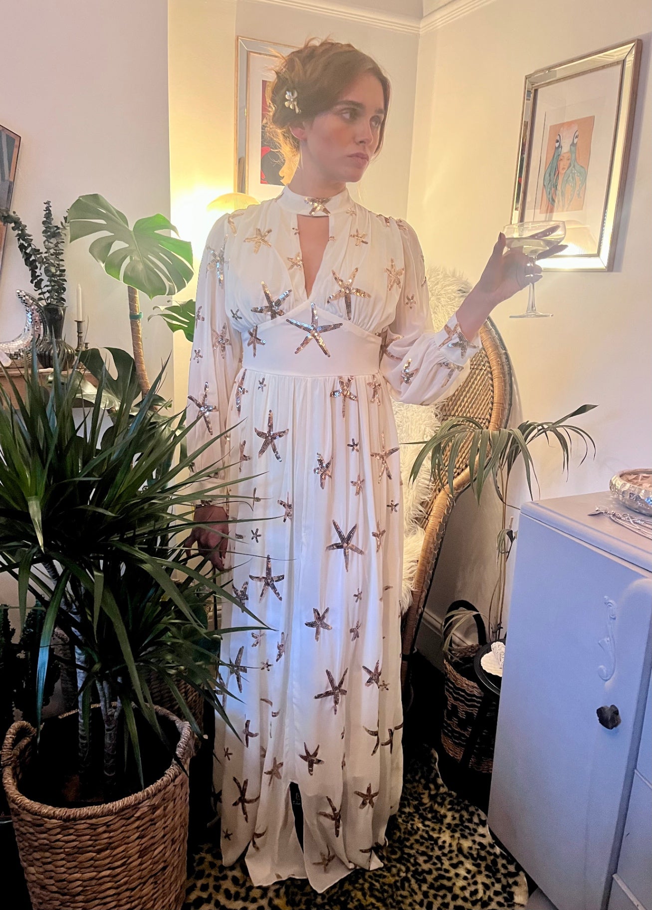 Celestial Sea Star Gown ✨  Size 8 Ivory  & Gold Sequin Maxi Dress