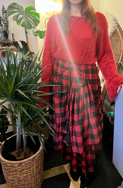 Scarlet Spell Tiered Maxi Skirt 🖤 Red & Black Check ONE SIZE