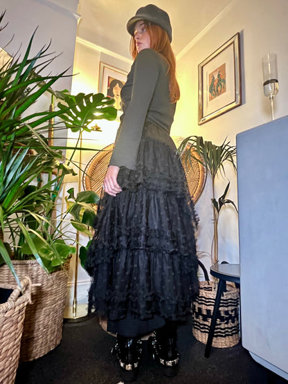 Luna Noir Tiered Tulle Maxi Skirt 🌙 Black Spot Mesh Size L
