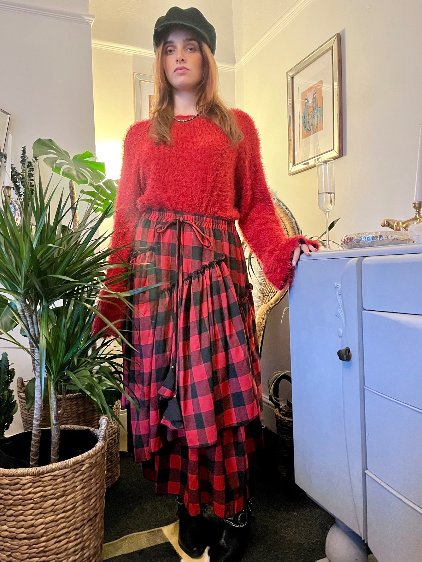 Scarlet Spell Tiered Maxi Skirt 🖤 Red & Black Check ONE SIZE