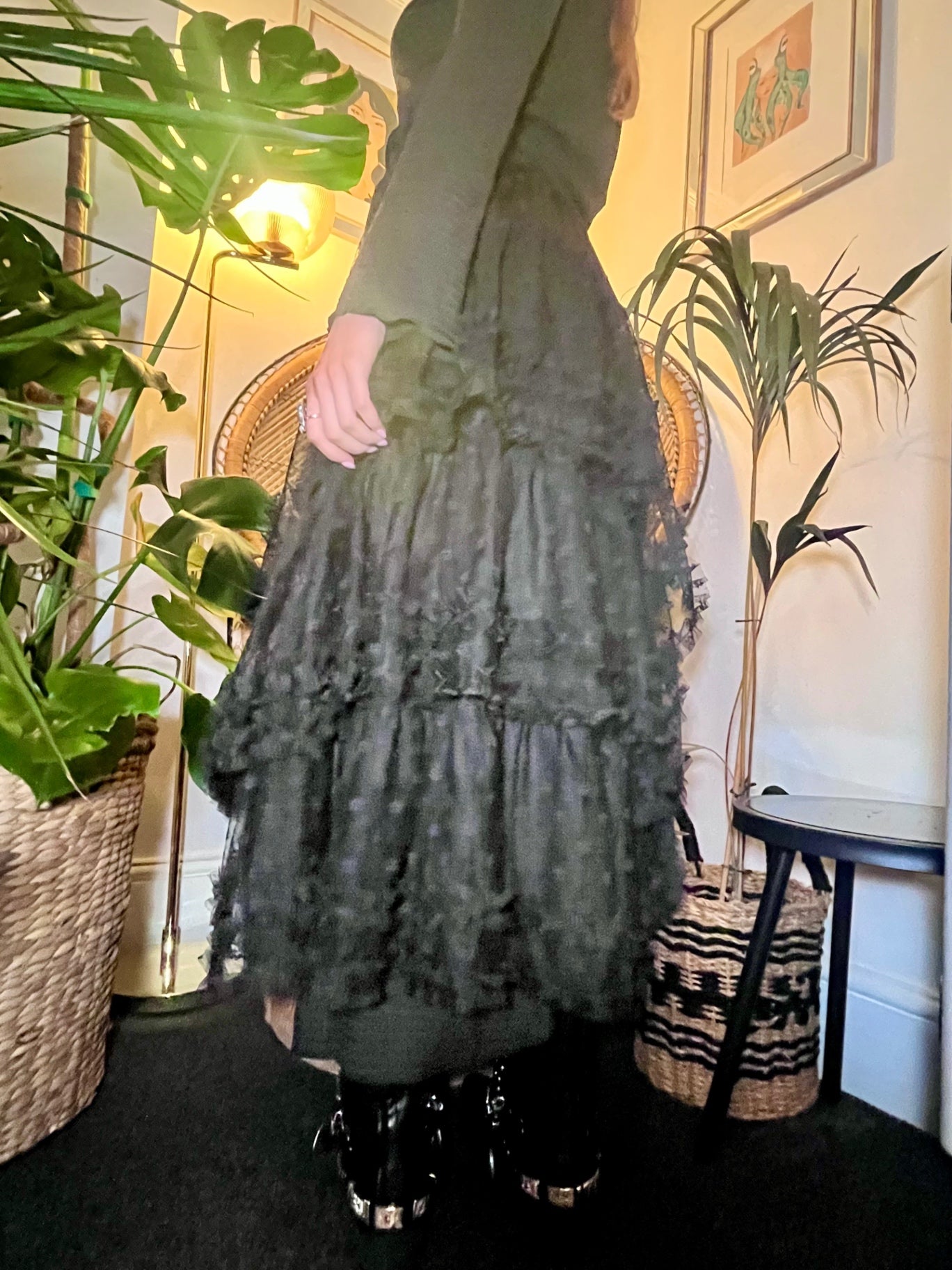 Luna Noir Tiered Tulle Maxi Skirt 🌙 Black Spot Mesh Size L