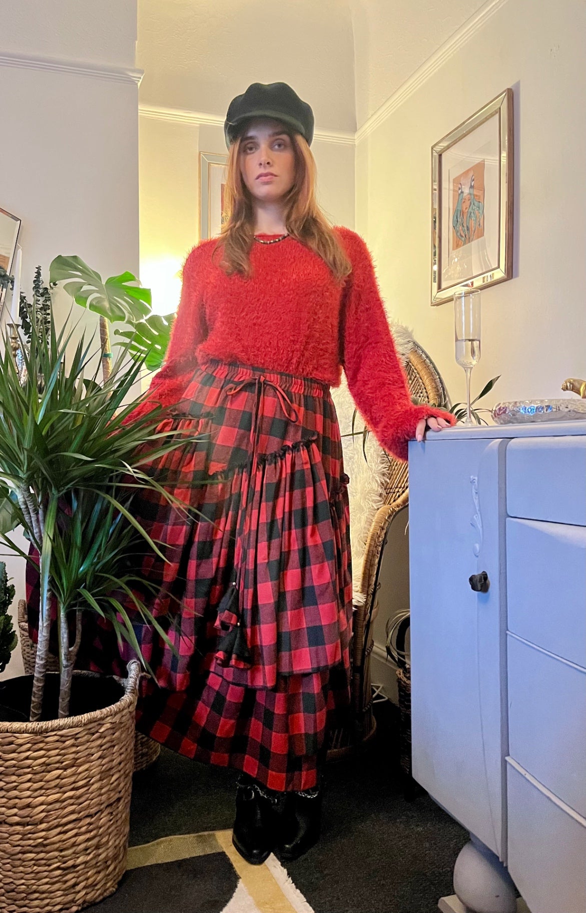 Scarlet Spell Tiered Maxi Skirt 🖤 Red & Black Check ONE SIZE