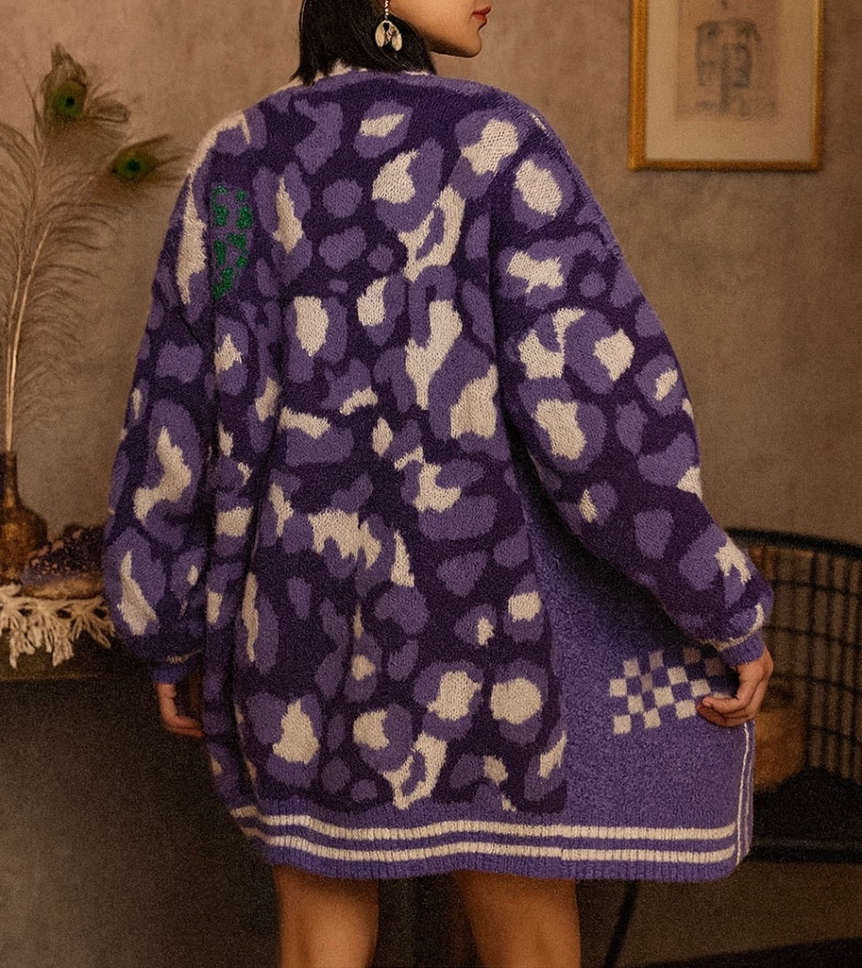 Purple Patchwork Happy Face Knit Cardigan – Oversized Retro Smile Design