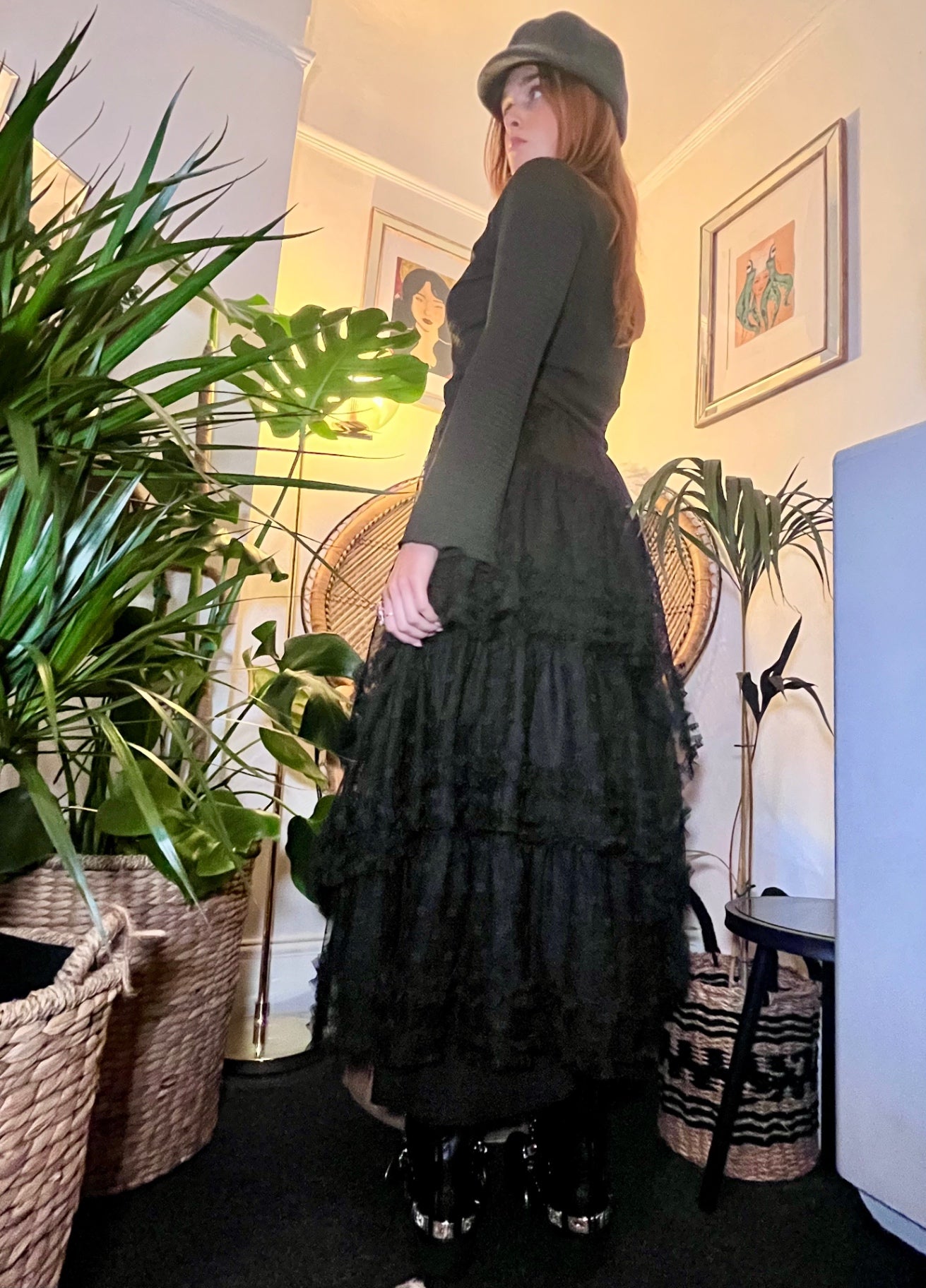 Luna Noir Tiered Tulle Maxi Skirt 🌙 Black Spot Mesh Size L