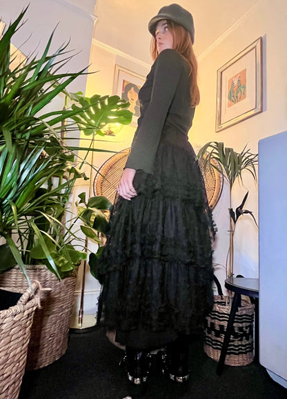Luna Noir Tiered Tulle Maxi Skirt 🌙 Black Spot Mesh Size L