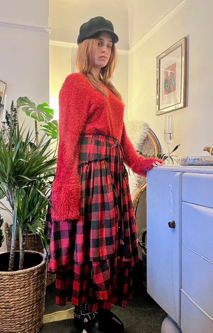 Scarlet Spell Tiered Maxi Skirt 🖤 Red & Black Check ONE SIZE