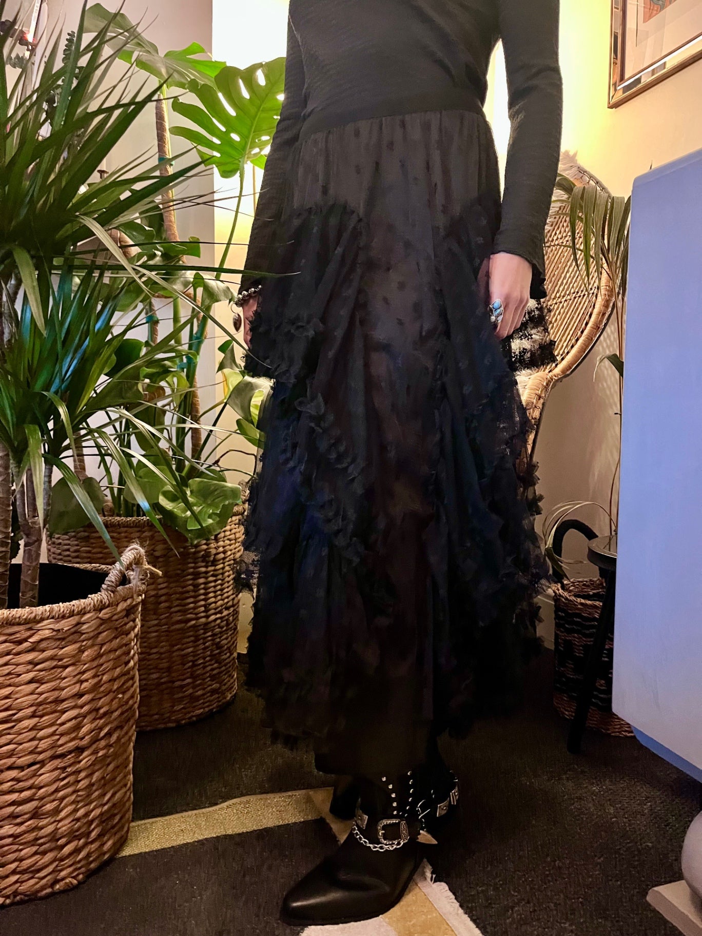 Luna Noir Tiered Tulle Maxi Skirt 🌙 Black Spot Mesh Size L