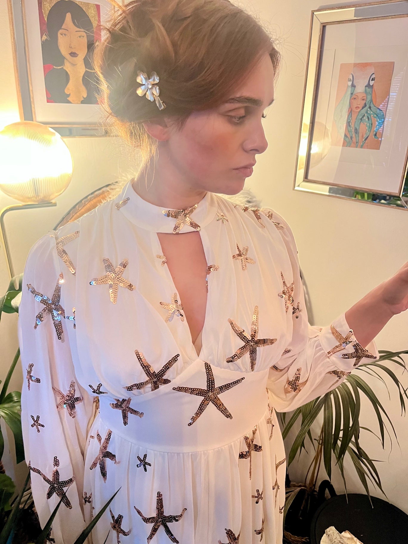 Celestial Sea Star Gown ✨  Size 8 Ivory  & Gold Sequin Maxi Dress