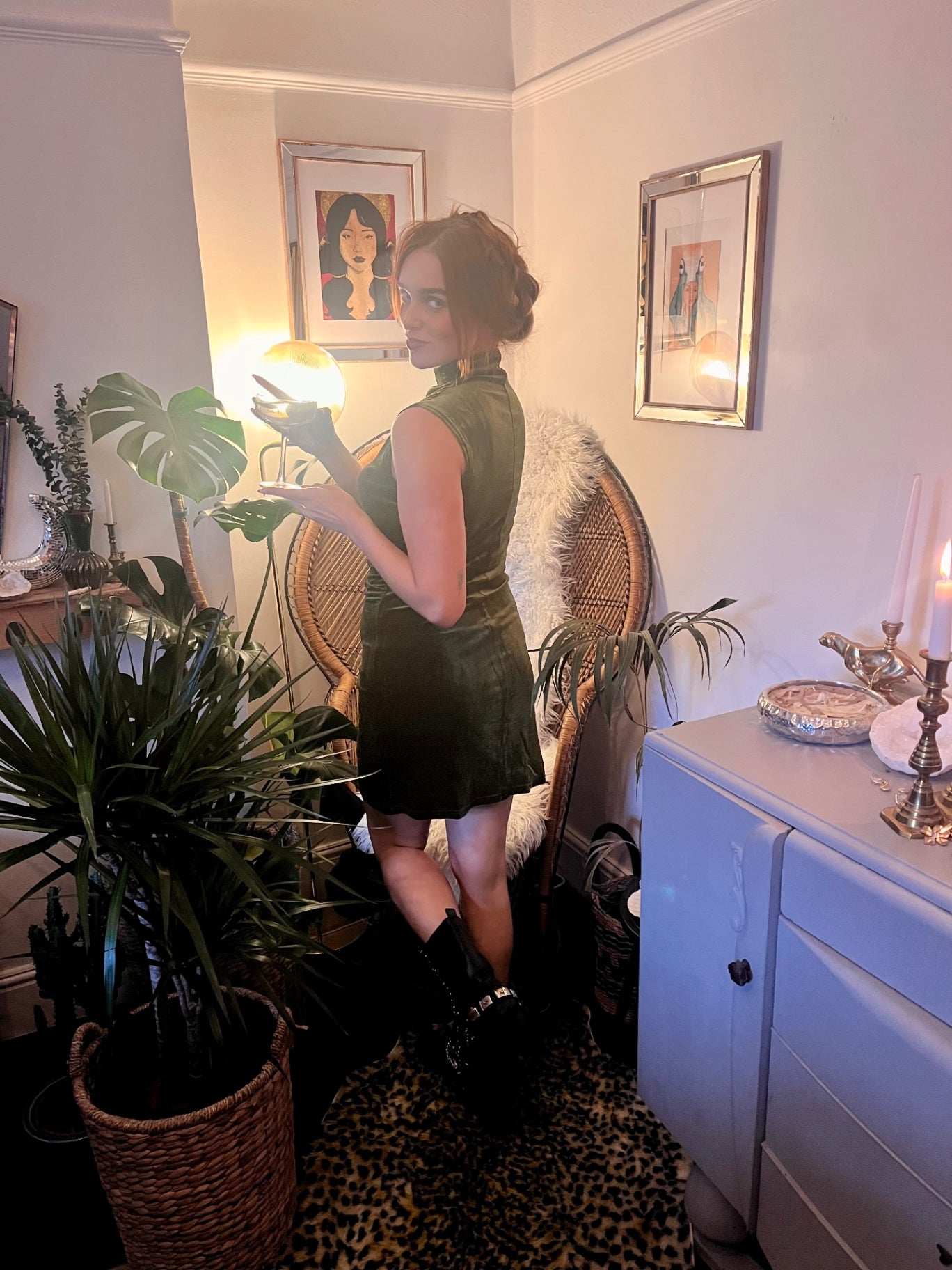 Olive Velvet Moonlight Mini Dress Size M