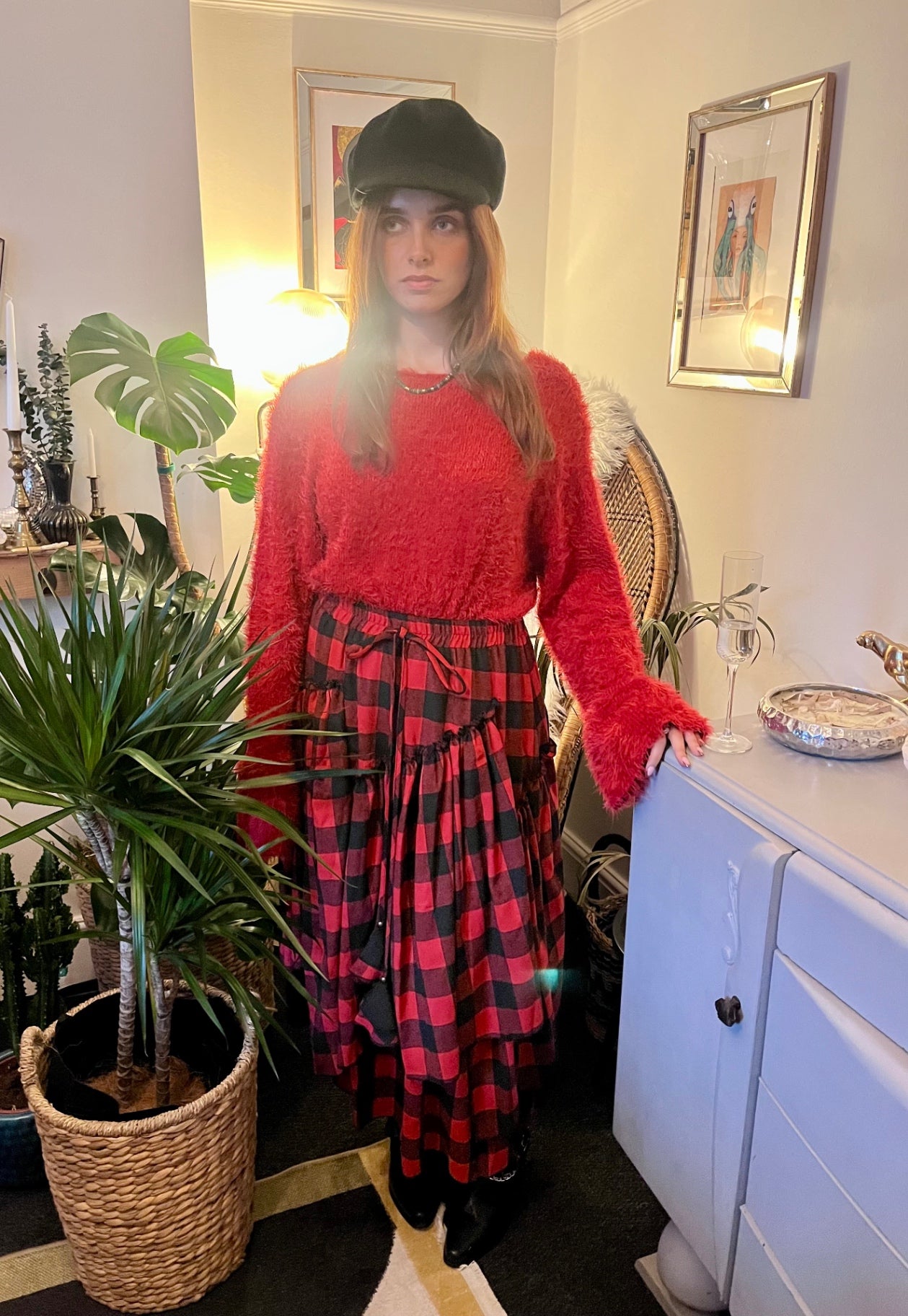 Scarlet Spell Tiered Maxi Skirt 🖤 Red & Black Check ONE SIZE