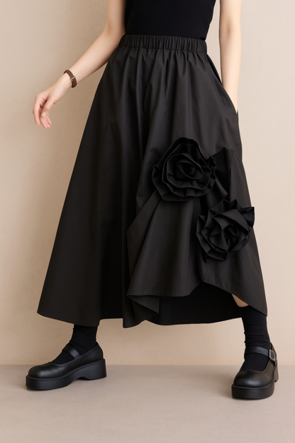 Midnight Bloom Skirt – One Size Black Asymmetric Rose Detail