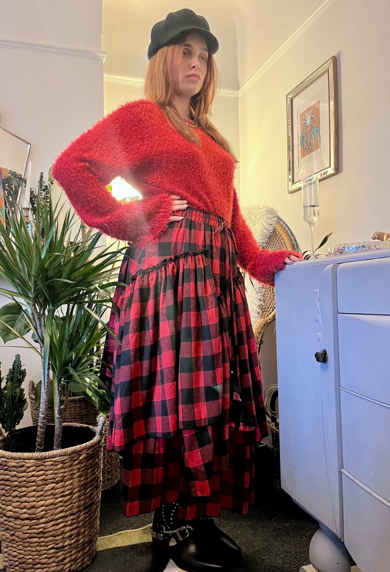 Scarlet Spell Tiered Maxi Skirt 🖤 Red & Black Check Size 16