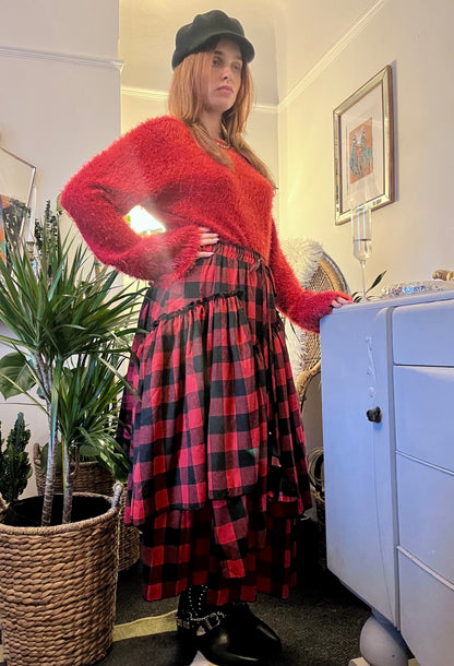 Scarlet Spell Tiered Maxi Skirt 🖤 Red & Black Check ONE SIZE