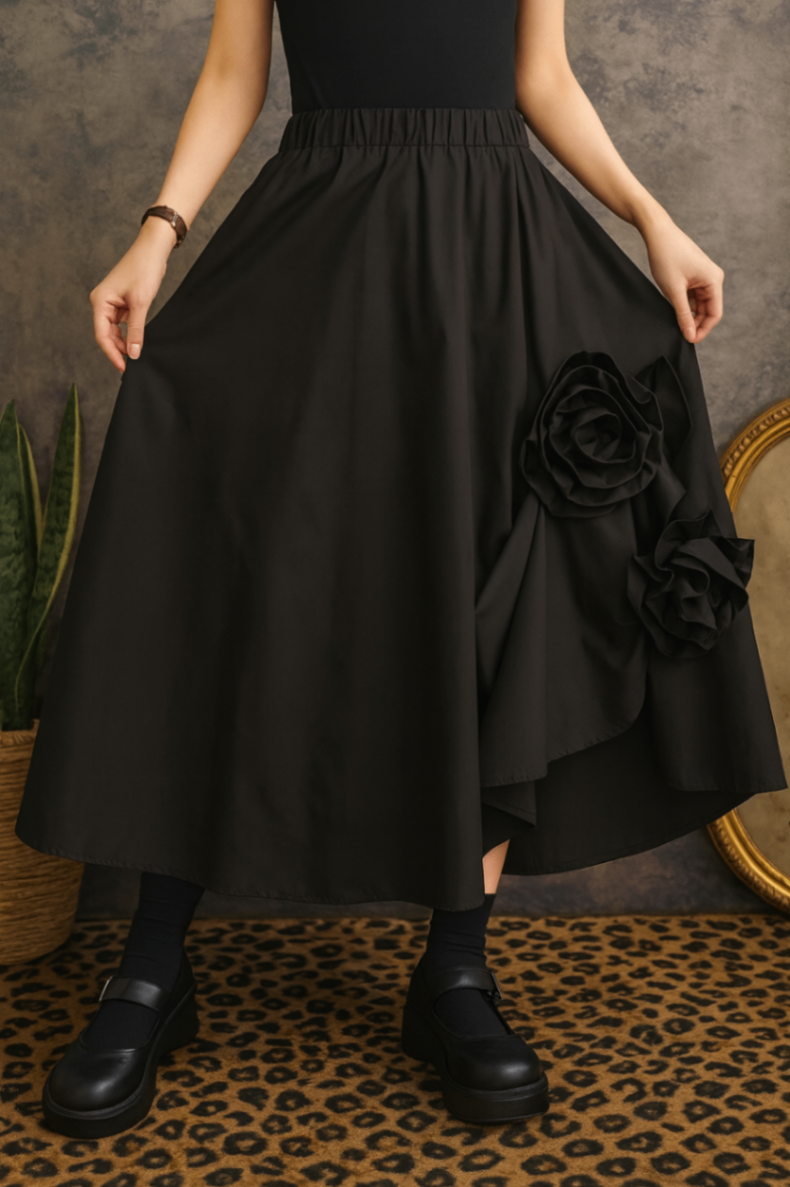 Midnight Bloom Skirt – One Size Black Asymmetric Rose Detail